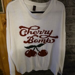 Rowen White Sweater with Red Cherry Design